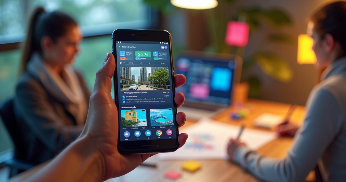 Smartphone mostrando aplicativo para criação de conteúdo, com designer trabalhando no app em um ambiente moderno e colorido 