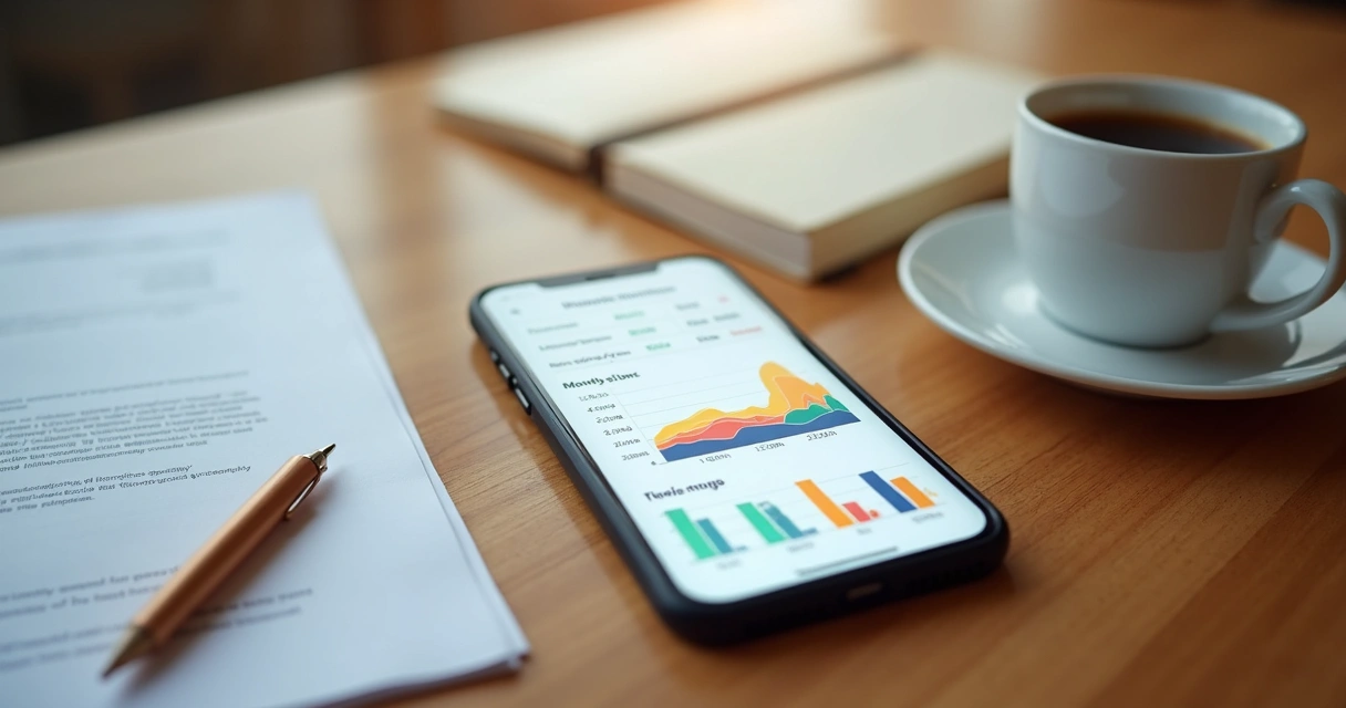 Tela de aplicativo de finanças mostrando gráficos de evolução do saldo e análise de gastos mensais em smartphone sobre uma mesa. 