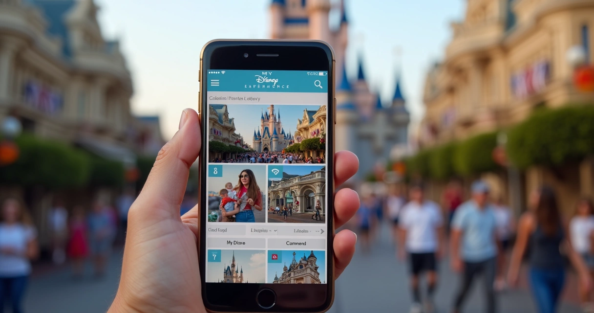 Tela de aplicativo My Disney Experience mostrando fotos da viagem 