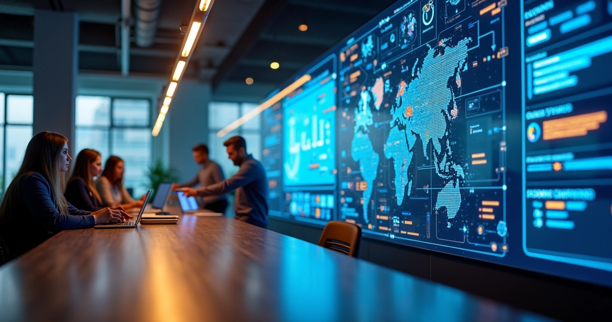 Equipe analisando painel de app no-code com integrações de IA em ambiente empresarial moderno 