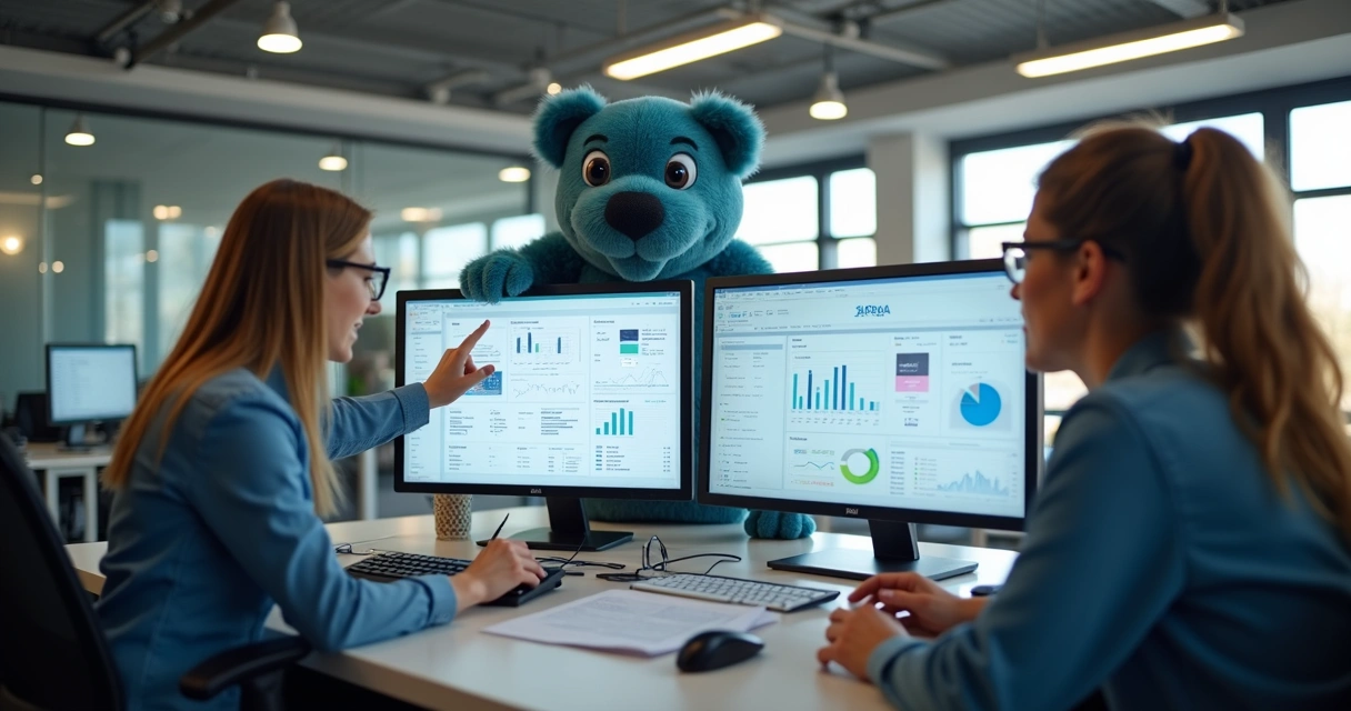 Colaboradores usando painel no-code personalizado em computadores 