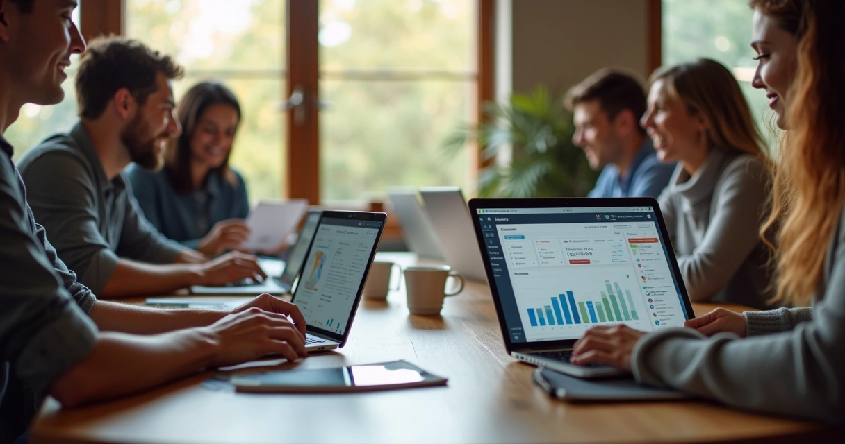 Equipe colaborando em um app no-code intuitivo em notebooks 