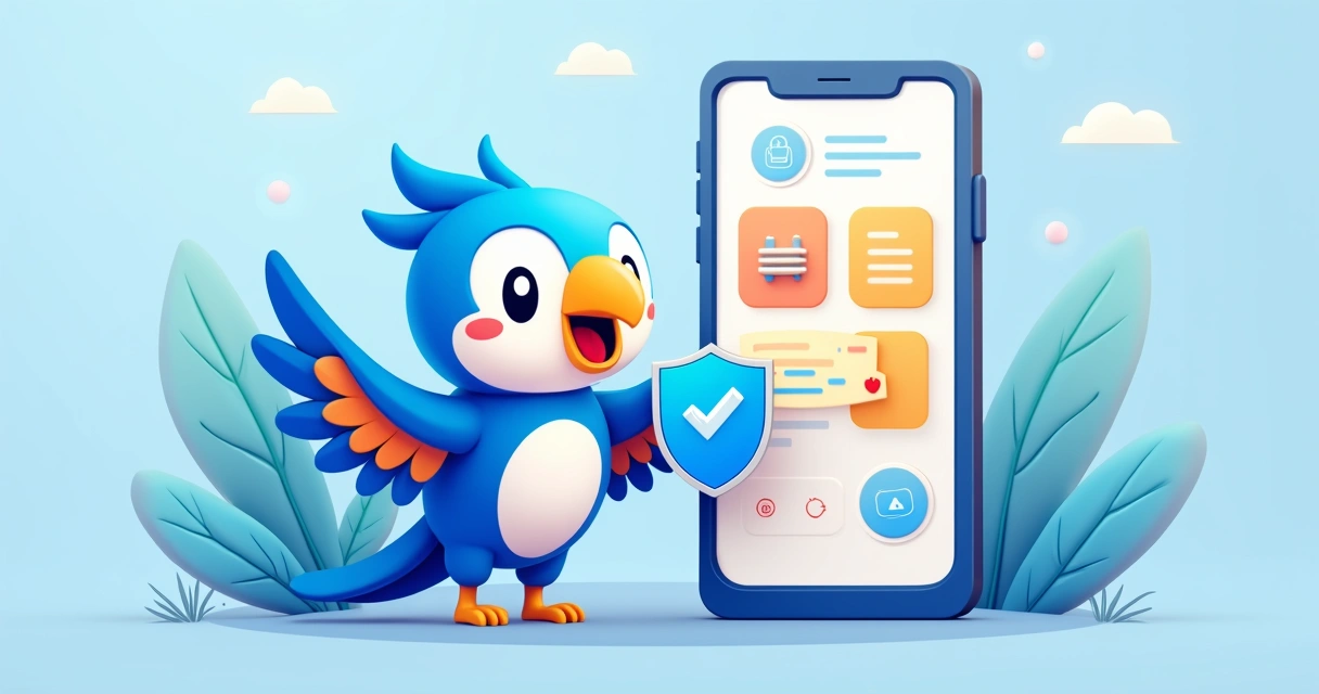 Mascote arara azul sorrindo ao lado de ilustracao de app no-code 