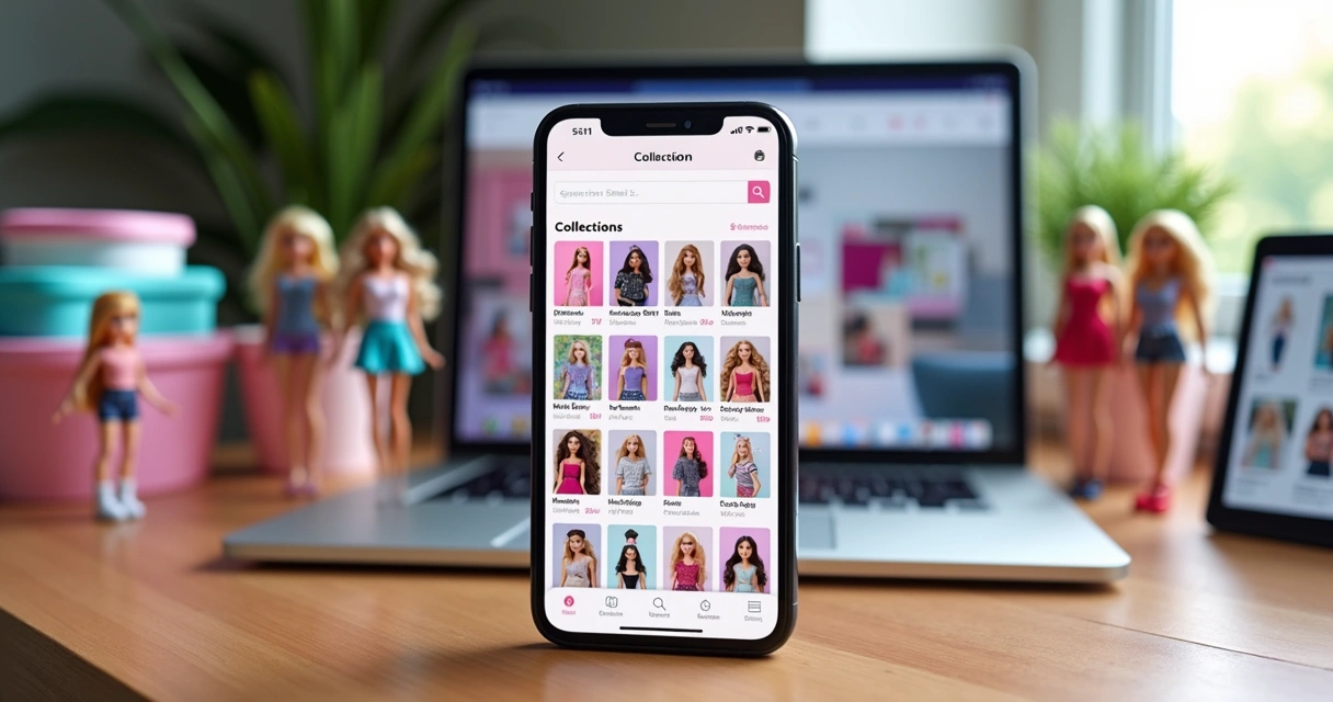 Tela de app para colecionadores exibindo coleção de bonecas organizadas em fotos em um smartphone sobre mesa colorida 
