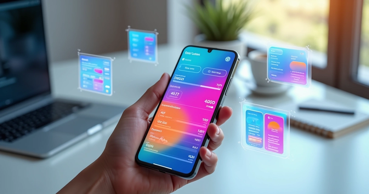 Smartphone com app colorido sendo personalizado com sliders e painéis flutuantes 
