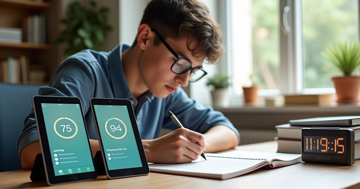 Tela de aplicativo Pomodoro com tempo regressivo e estudante concentrado usando notebook