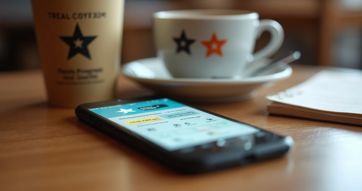 Smartphone exibindo aplicativo de pontos sobre mesa 
