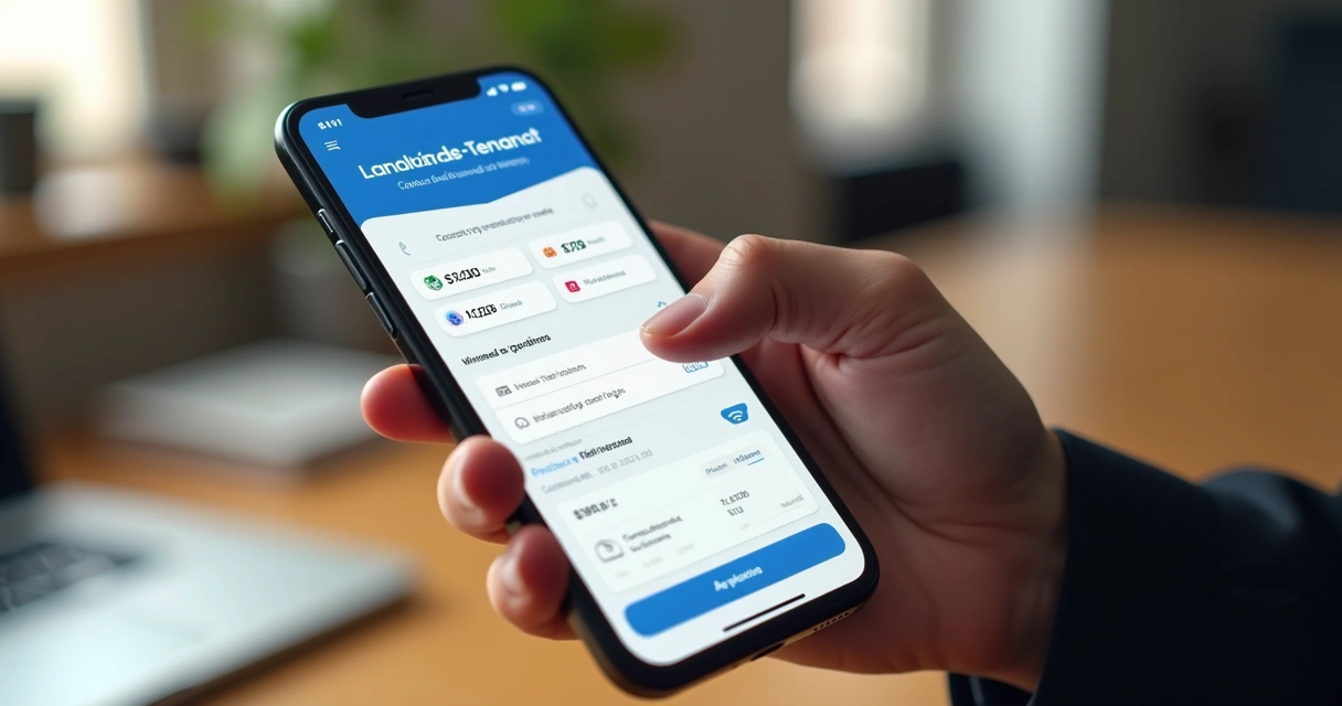 Tela de app digital mostrando portal do inquilino com boletos e histórico