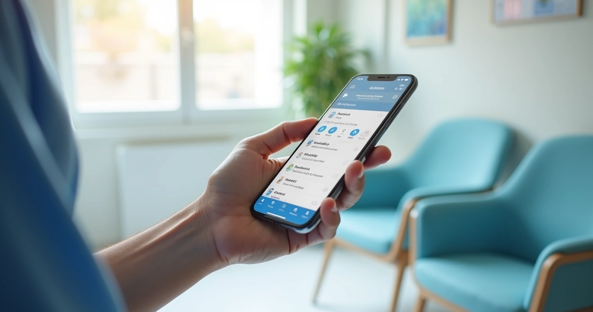 Paciente usando aplicativo de clínica no celular em ambiente moderno 