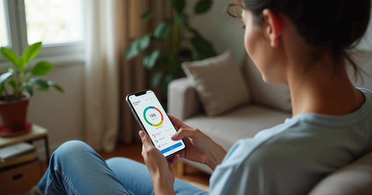 Paciente acessando aplicativo de saúde no celular sentado em casa 