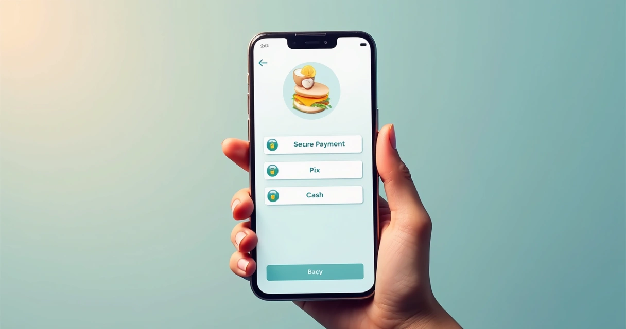 Interface de aplicativo de delivery mostrando opções seguras de pagamento