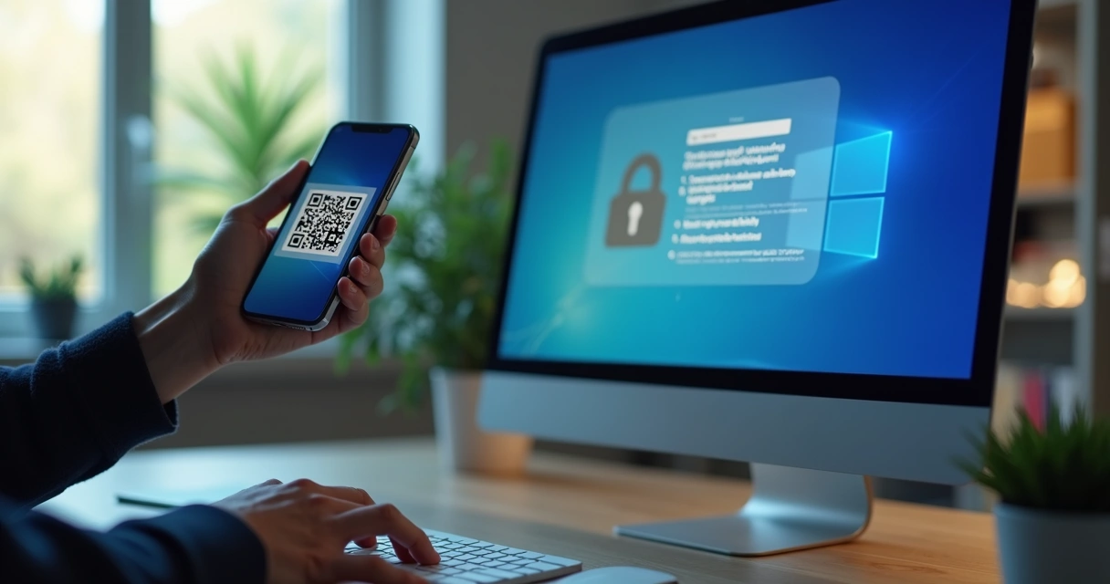 Person scanning a QR code on computer screen with phone for two-factor setup 