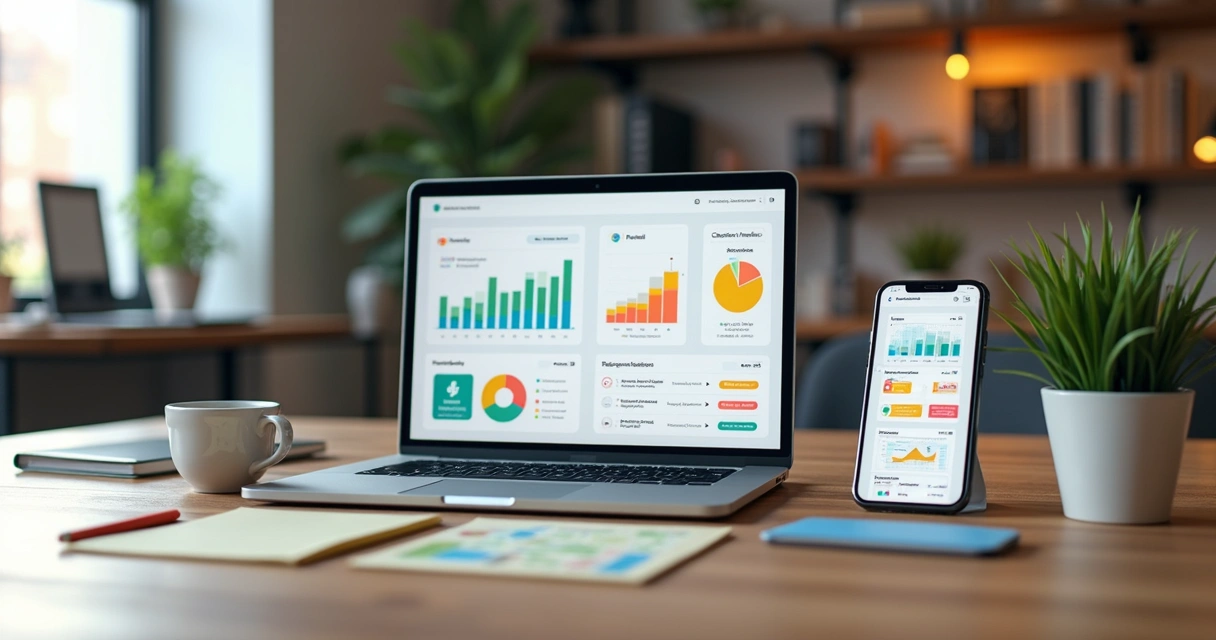 Modern workspace with computer and smartphone displaying app testing progress charts 