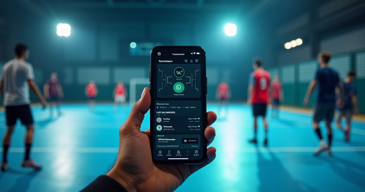 Tela de aplicativo de torneio com painel moderno e atletas em quadra de areia no fundo jogando beach tennis