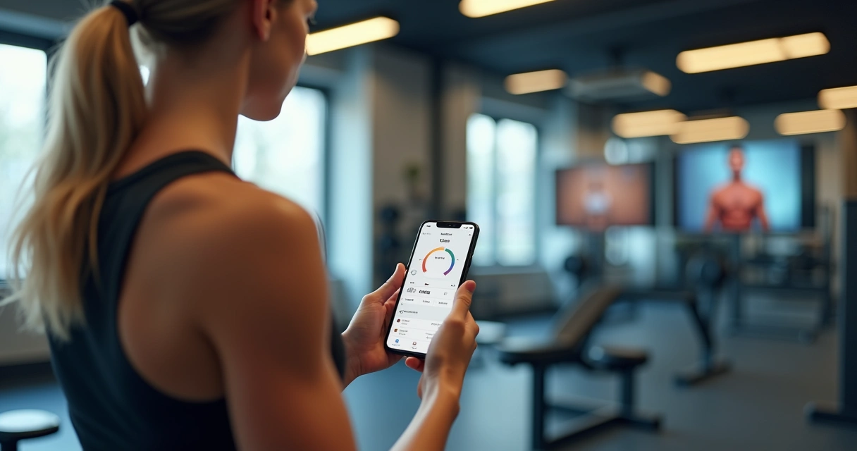 Pessoa usando aplicativo de treino na academia, olhando tela com gráfico de evolução 