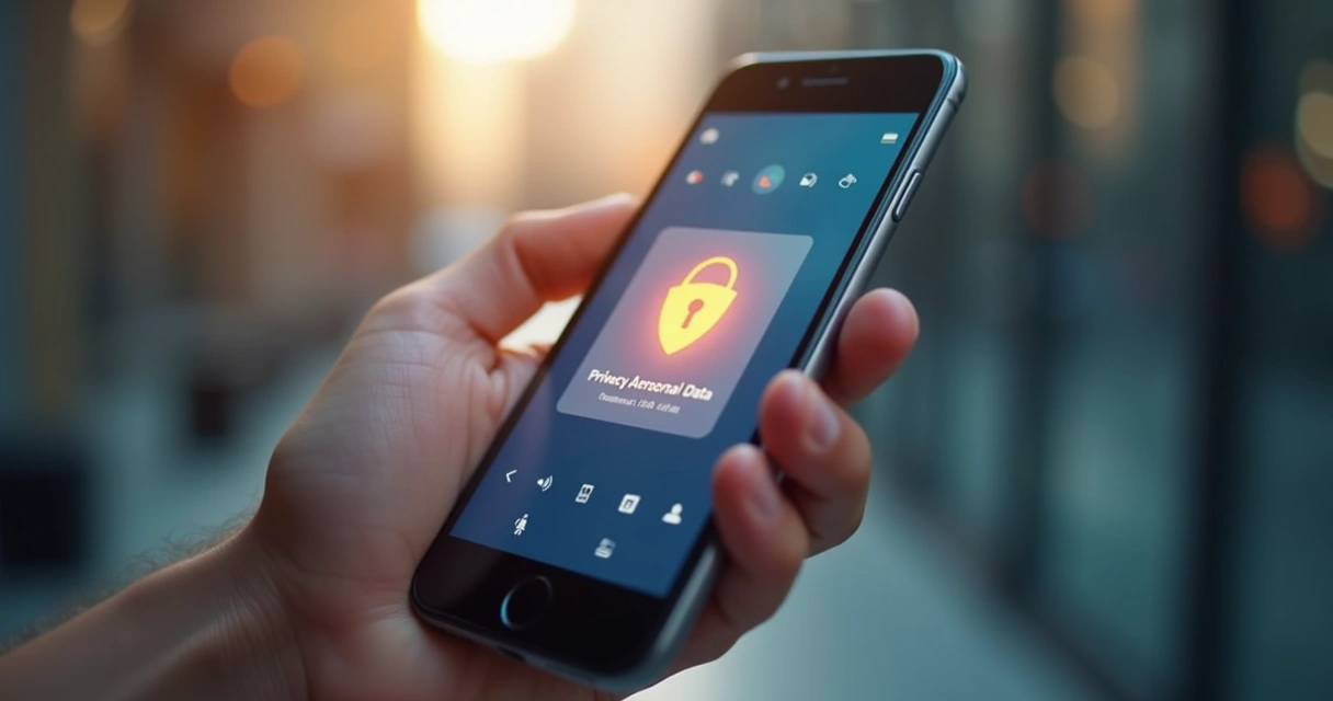 Usuário segurando smartphone com tela mostrando notificação de privacidade 