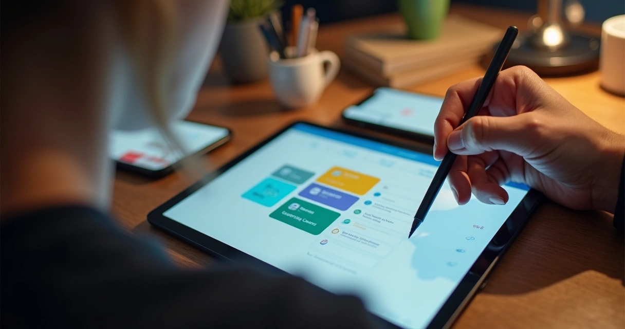User interacting with mobile app prototype on a tablet 
