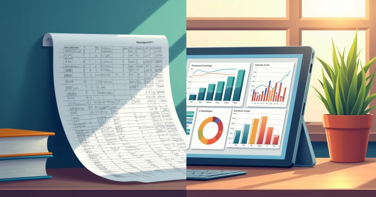 Comparison of a paper spreadsheet and a finance app dashboard side by side.