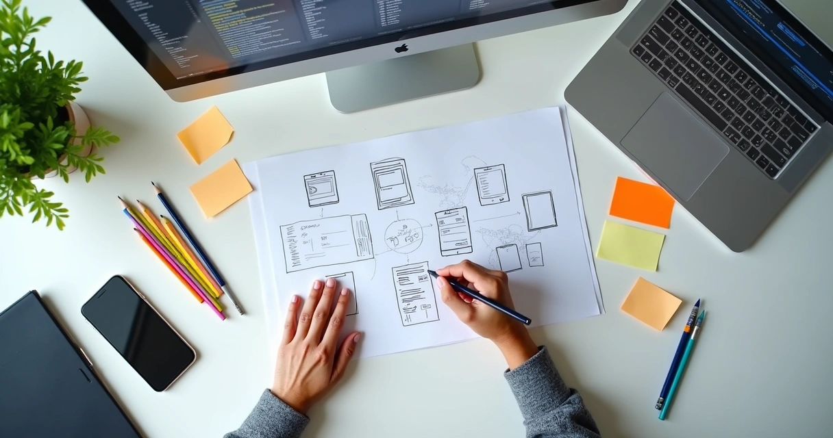 Mobile app wireframe on white desk 