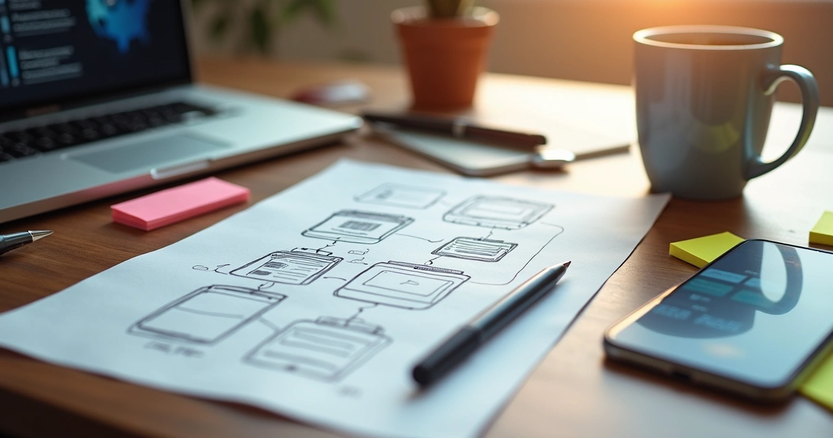 Mobile app wireframe on desk with notes 
