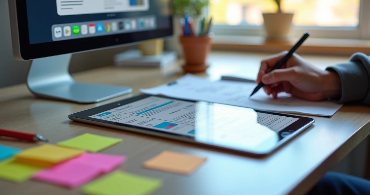 Designer working on app wireframe with tablet and sticky notes 