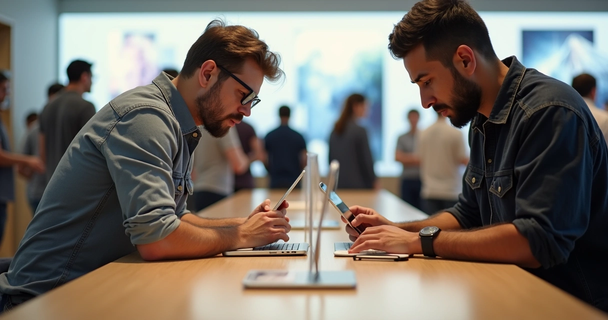 Área Genius Bar na Apple Store em Orlando, técnico atendendo viajante brasileiro 