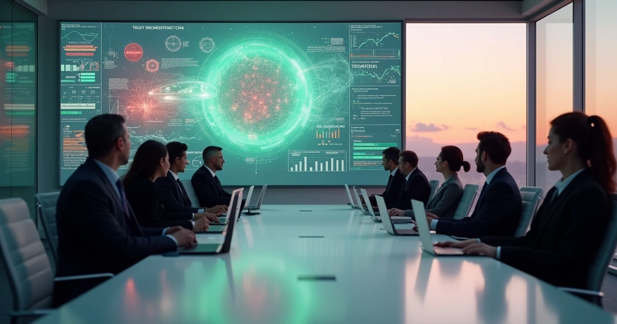 Sala de reunião da Apple com executivos discutindo frente a gráficos de tecnologia e IA 