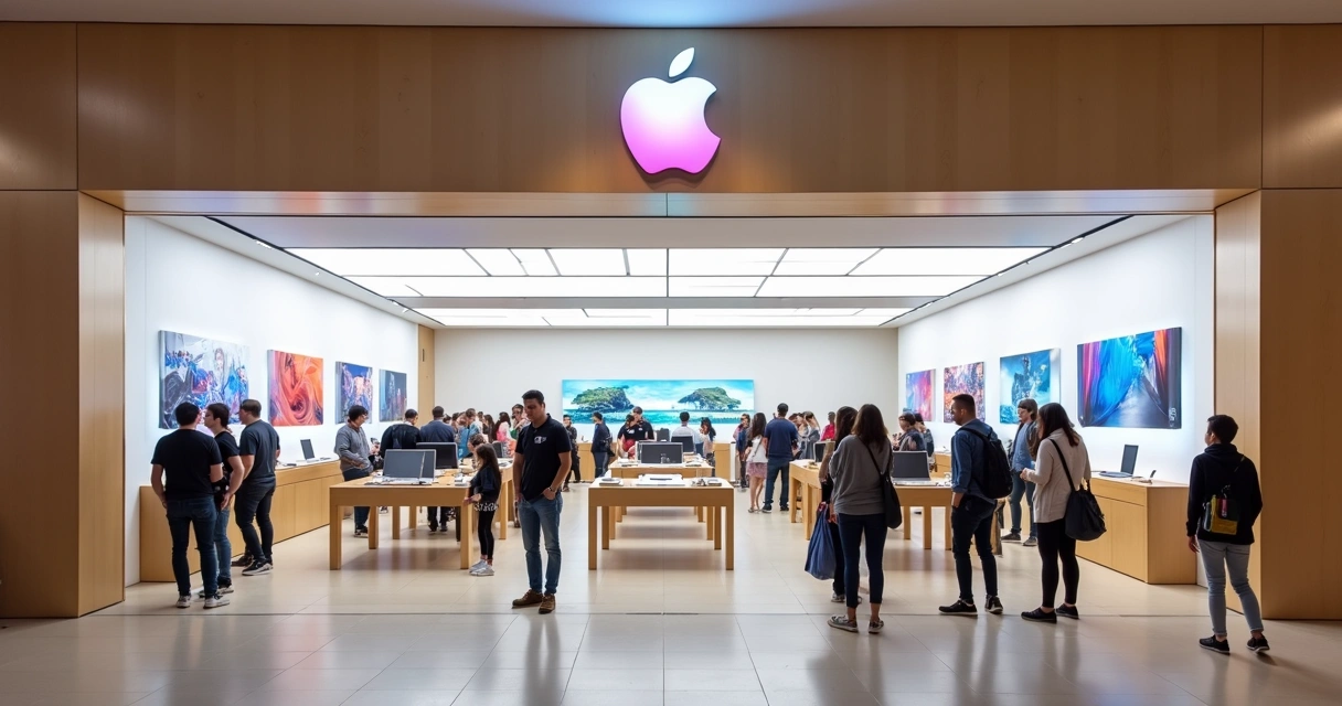 Loja da Apple em shopping de Orlando, com pessoas comprando iPhones e notebooks 