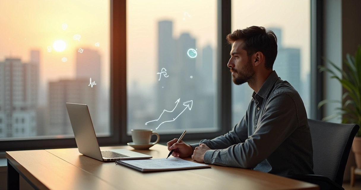 Professional reflecting by office window with city view and growth diagrams overlay 