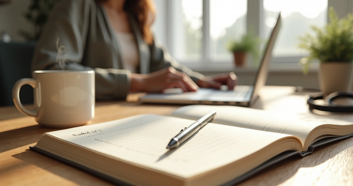 Person journaling mindful habits at a calm morning workspace 