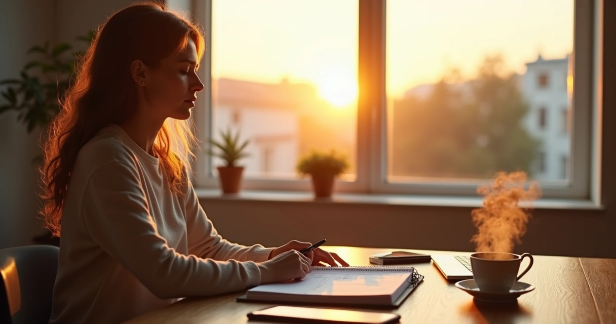 Person visualizing daily goals with glowing mind and planner on desk 