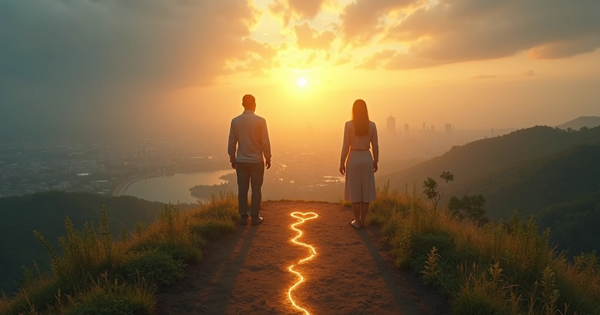 Person standing at a forked path choosing between coherent and chaotic futures 