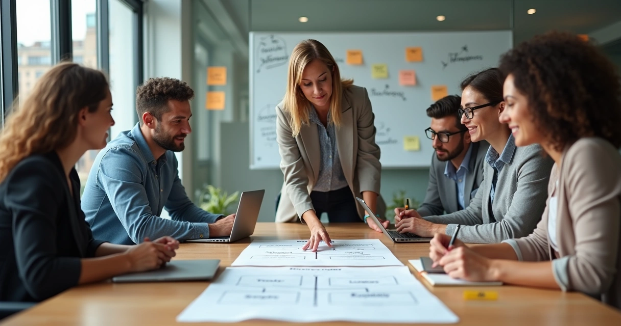 Diverse team in a modern office discussing ethical decisions around a table 