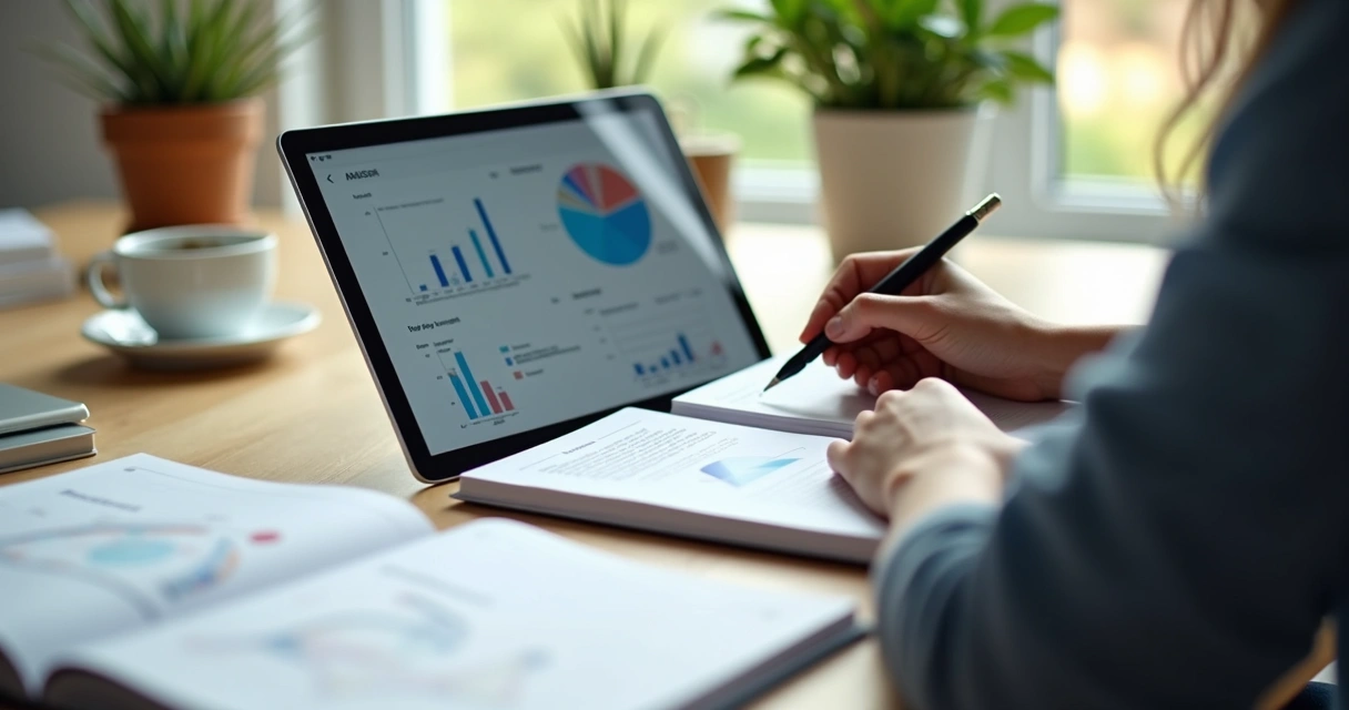 Person writing notes with an open book and digital device 