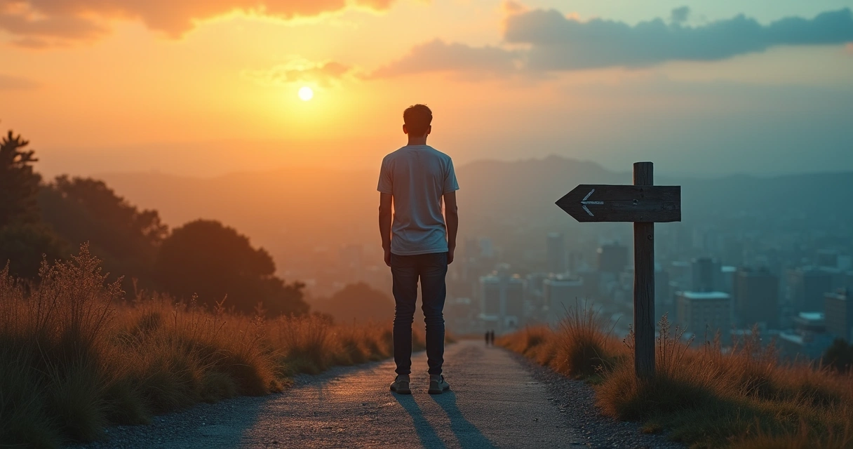 Person standing at a crossroads between practical life scene and abstract philosophical symbols 