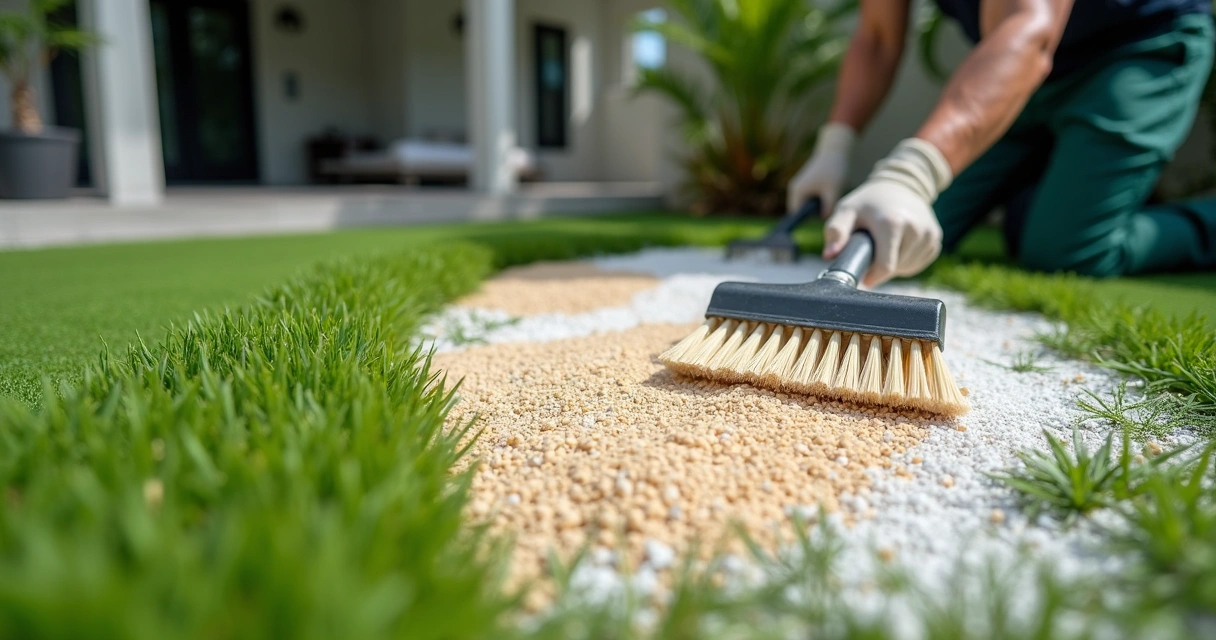 Professional spreading cooling infill on artificial turf in Florida 