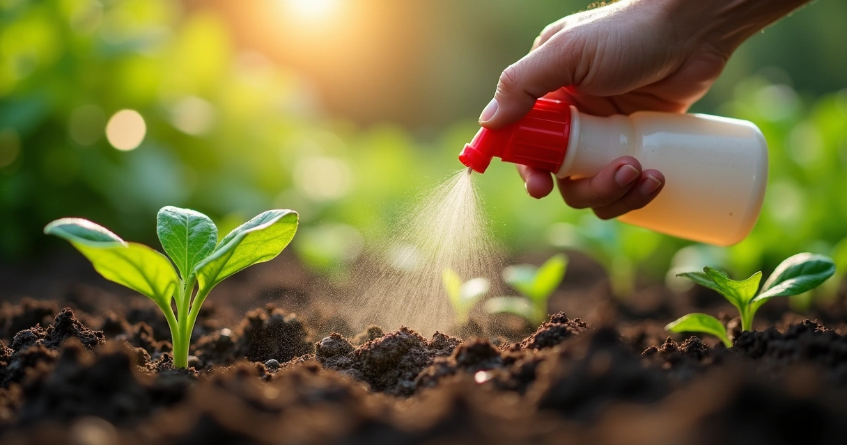 Hand spraying natural microbial solution on garden soil near green shoots 
