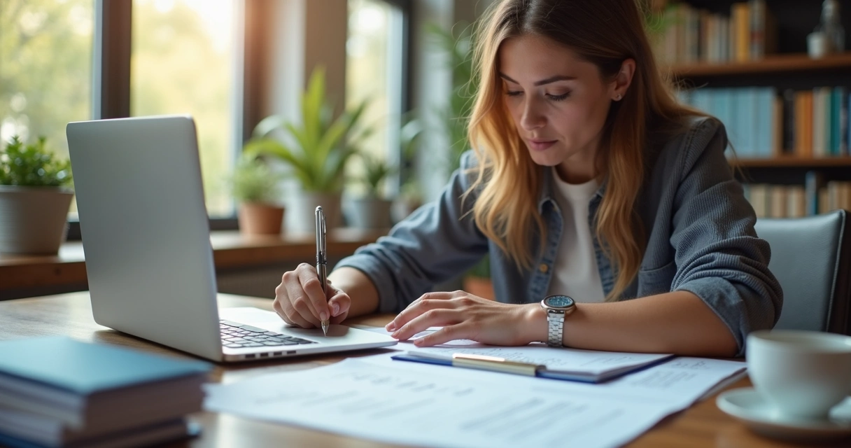 Homebuyer preparing mortgage documents at a desk with laptop 
