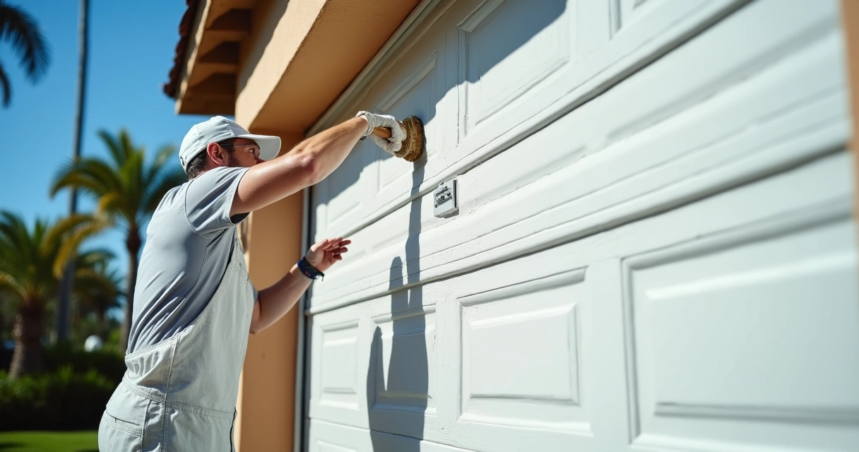 Worker applying polyurethane coating to a garage door 