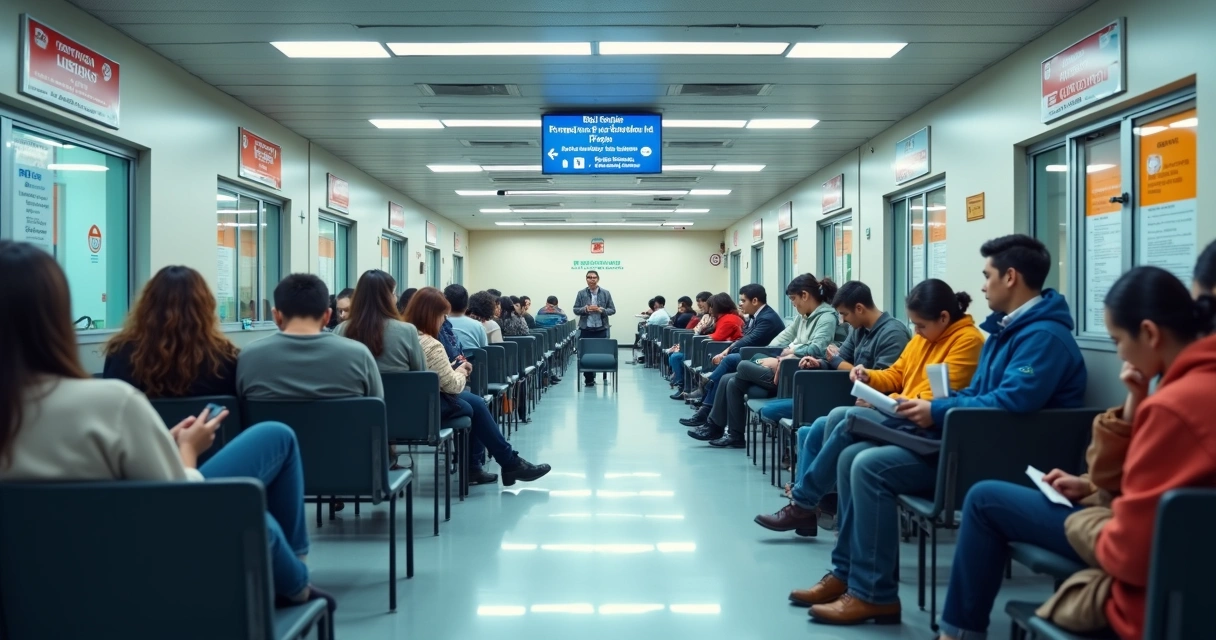 Immigration applicants waiting in a lobby 
