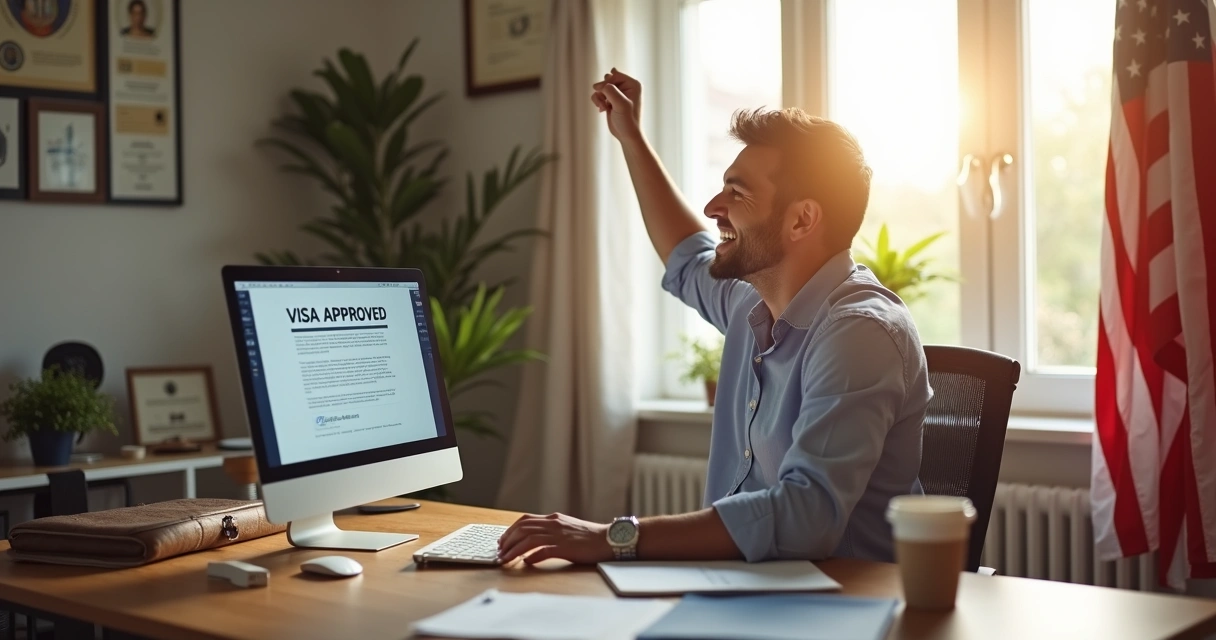 Person celebrating visa approval at their desk 