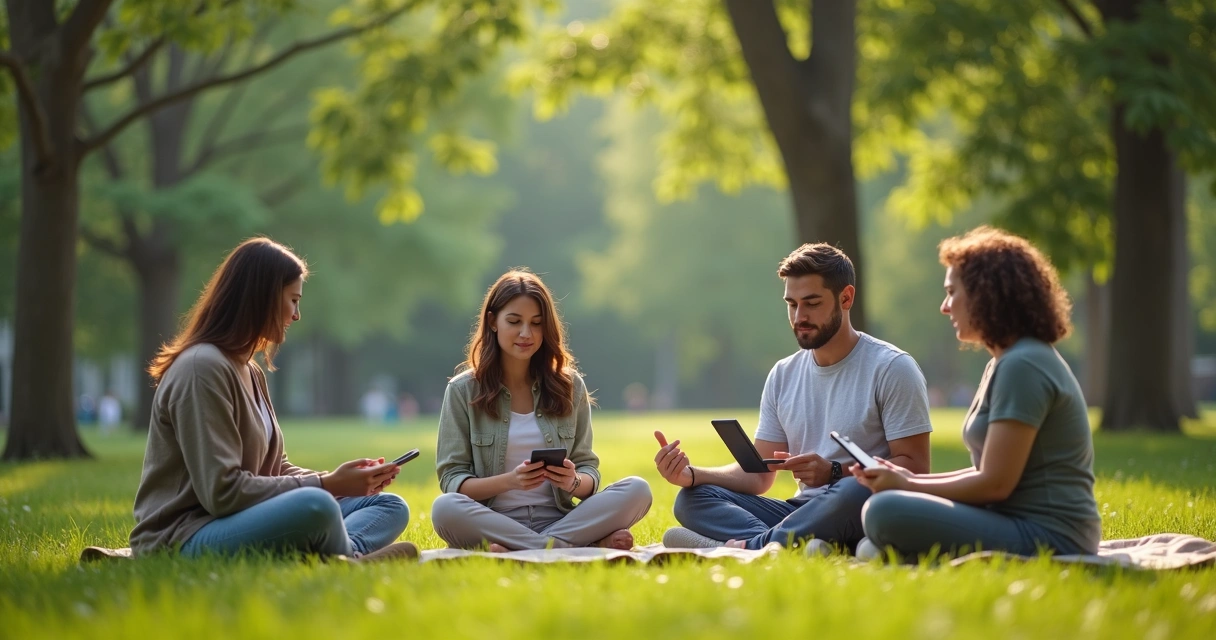Grupo de pessoas usando dispositivos digitais em parque 