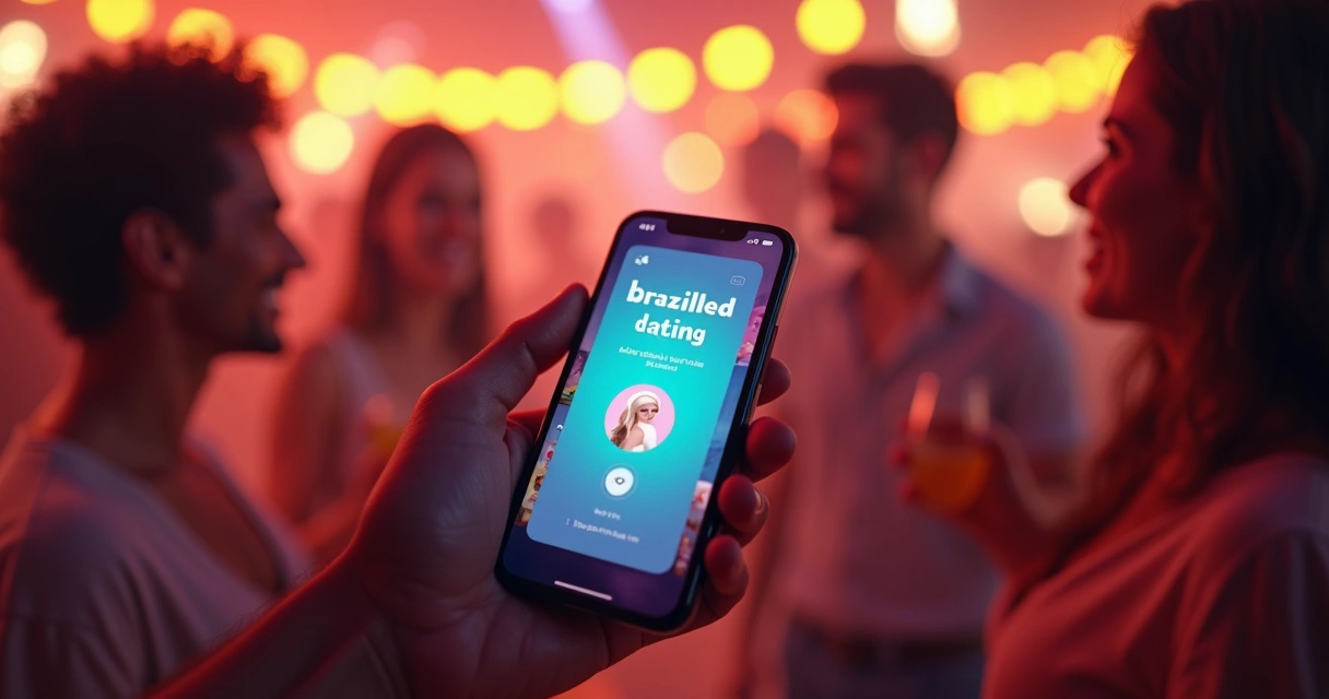 Tela de celular com aplicativos de encontros populares no Brasil e pessoas conversando ao fundo. 