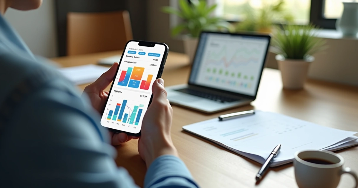 Pessoa segura smartphone com app de finanças, notebook ao lado na mesa 