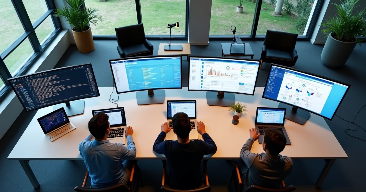 Dashboard em tela mostrando múltiplos aplicativos SaaS alinhados em colunas, com gráficos e alertas visíveis. 