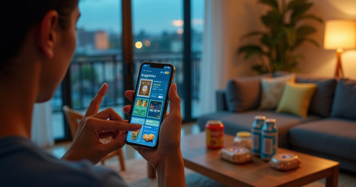 Consumidor usando app de supermercado com IA em cidade brasileira 