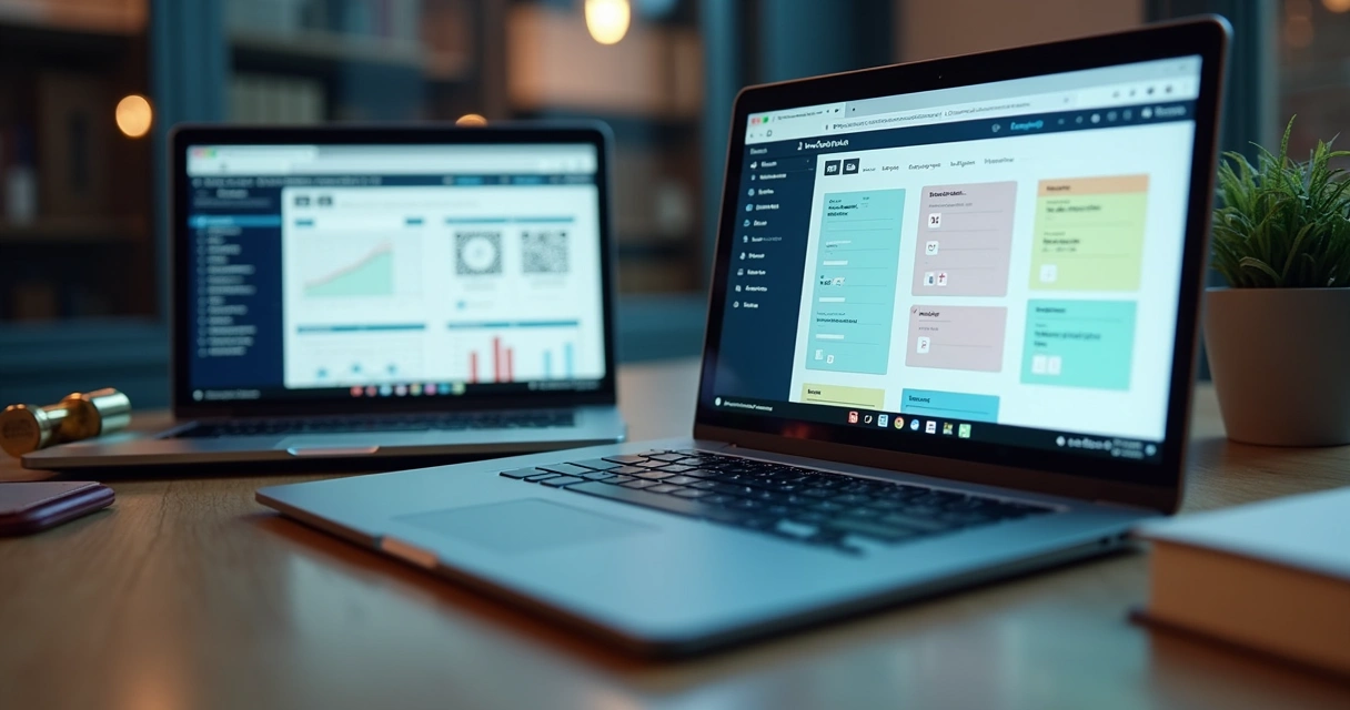 Comparação visual entre tela de aplicativo jurídico e uma de app genérico em notebooks lado a lado 