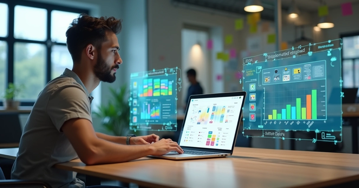 Profissional configurando painel de app no-code com gráficos de gestão e vendas 