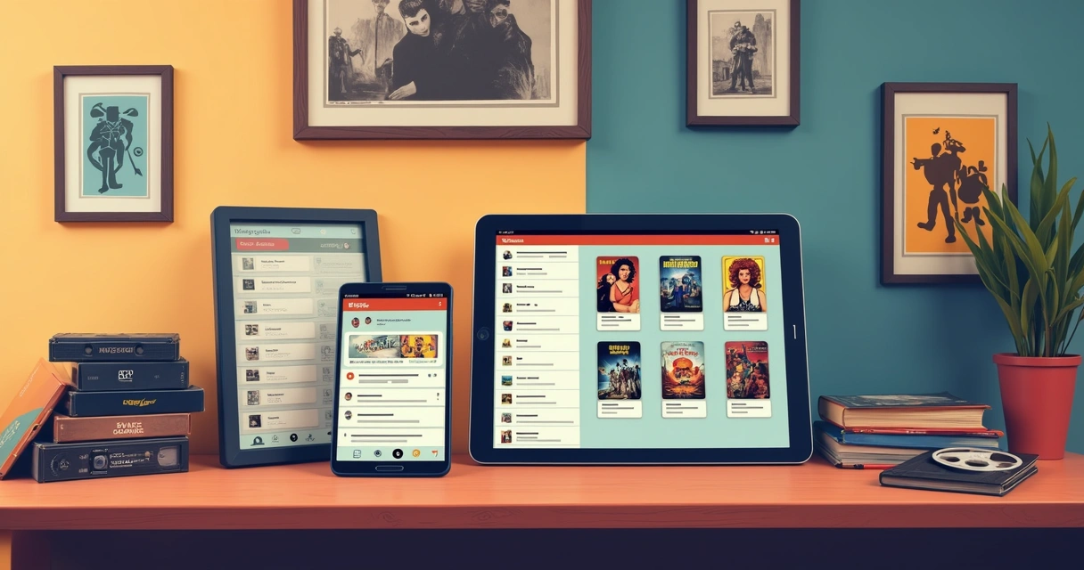 Celular e tablet mostrando aplicativos de catálogo de filmes retrô
