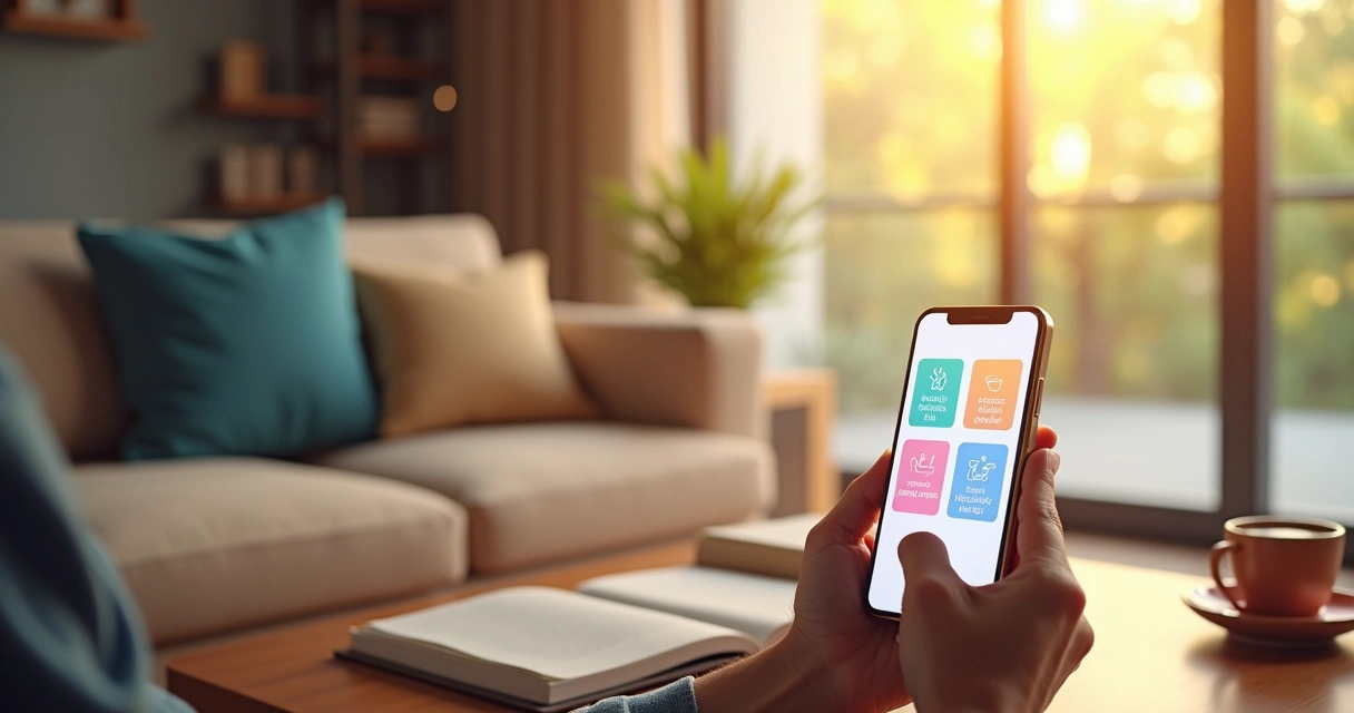 Pessoa mexendo em celular com interface de aplicativos de autoconhecimento